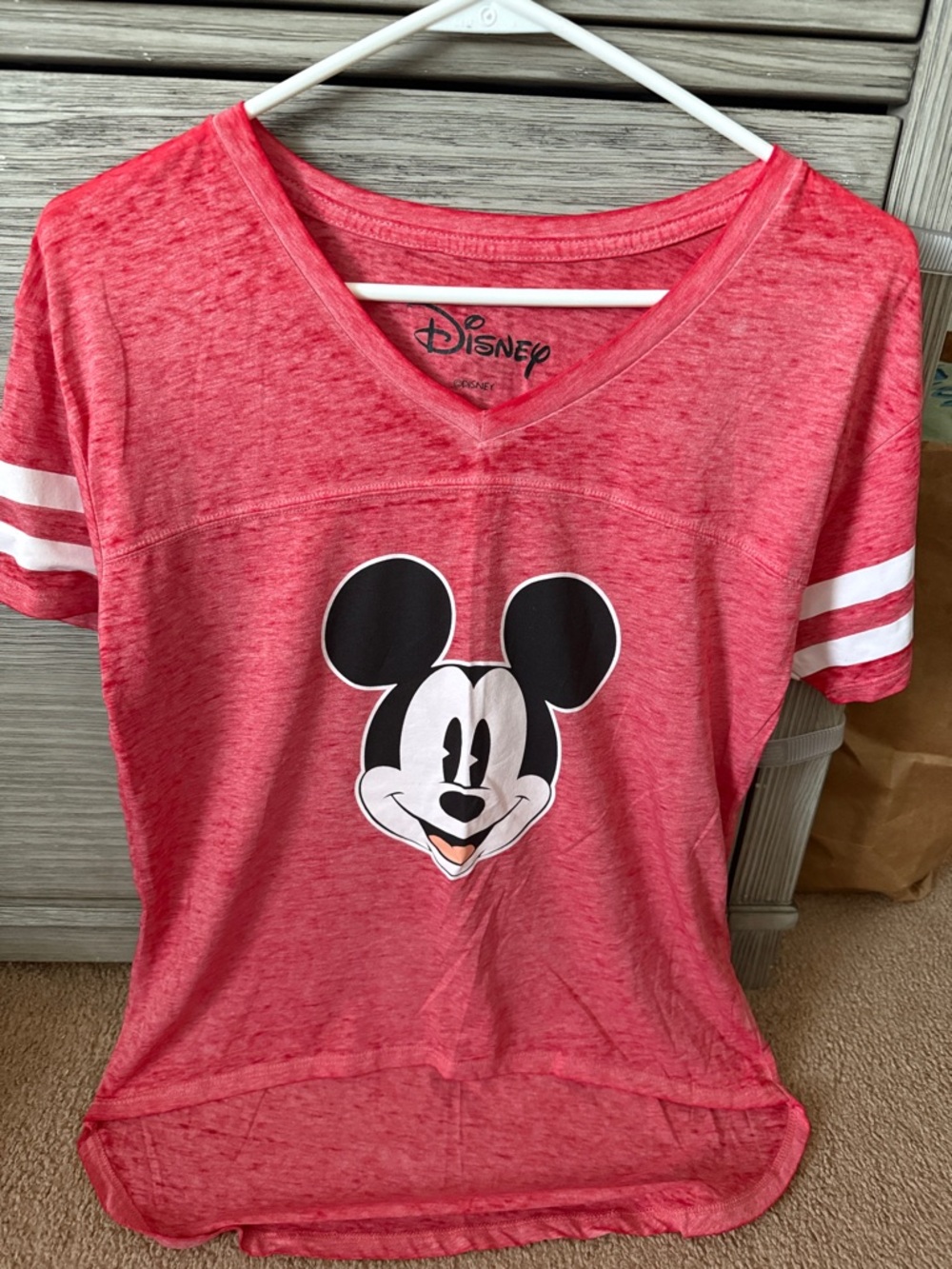 Disney Red Mickey Mouse V-Neck Tee with White Sleeve Stripes